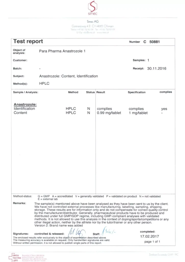 arimidex lab test report