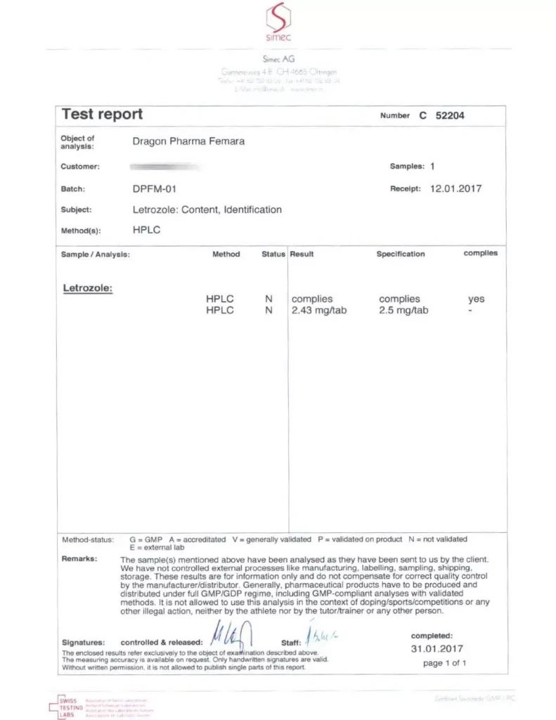 femara lab test report