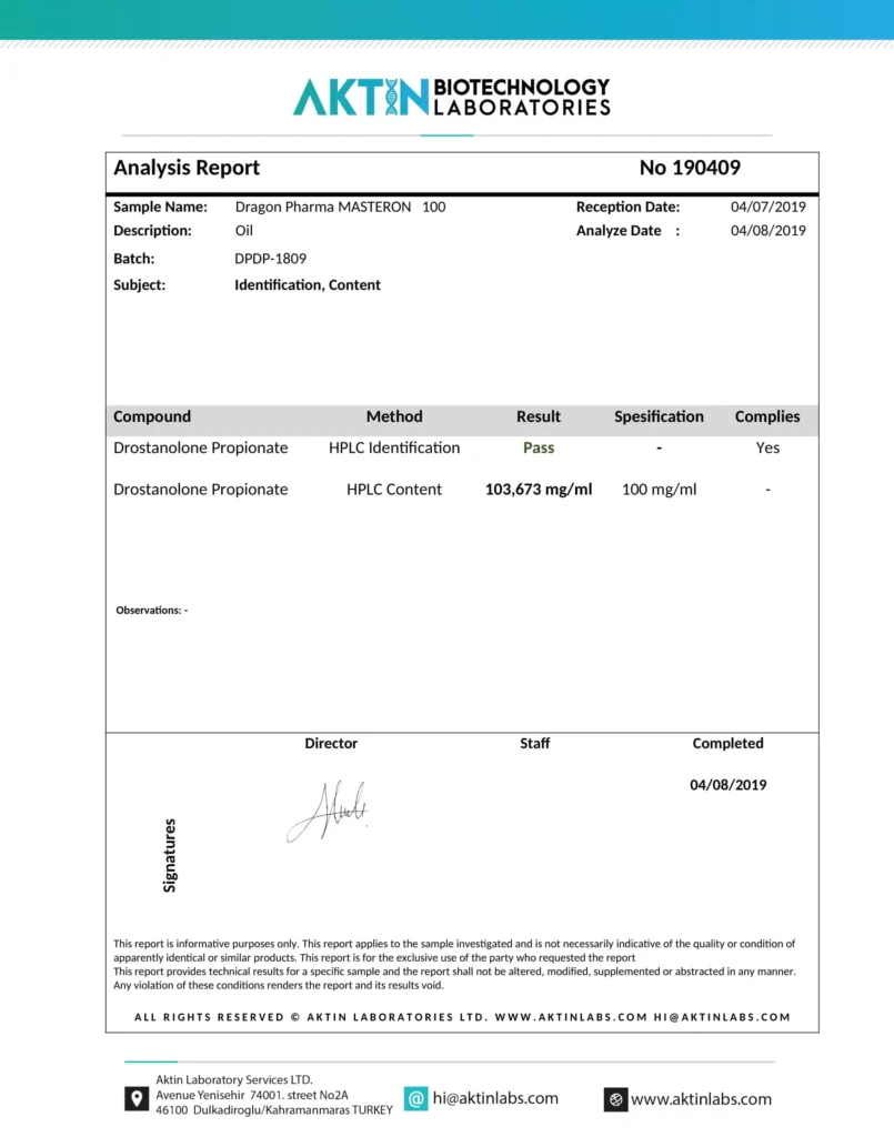 masteron 100 lab test report