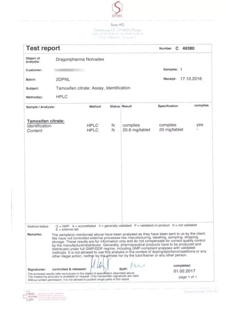 nolvadex lab test report