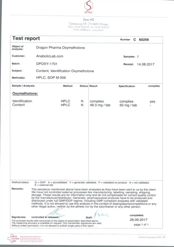 oxymetholon lab test report