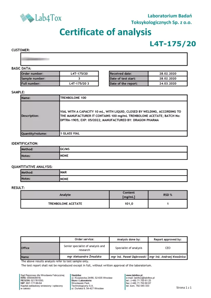 trenbolone 100 lab test report