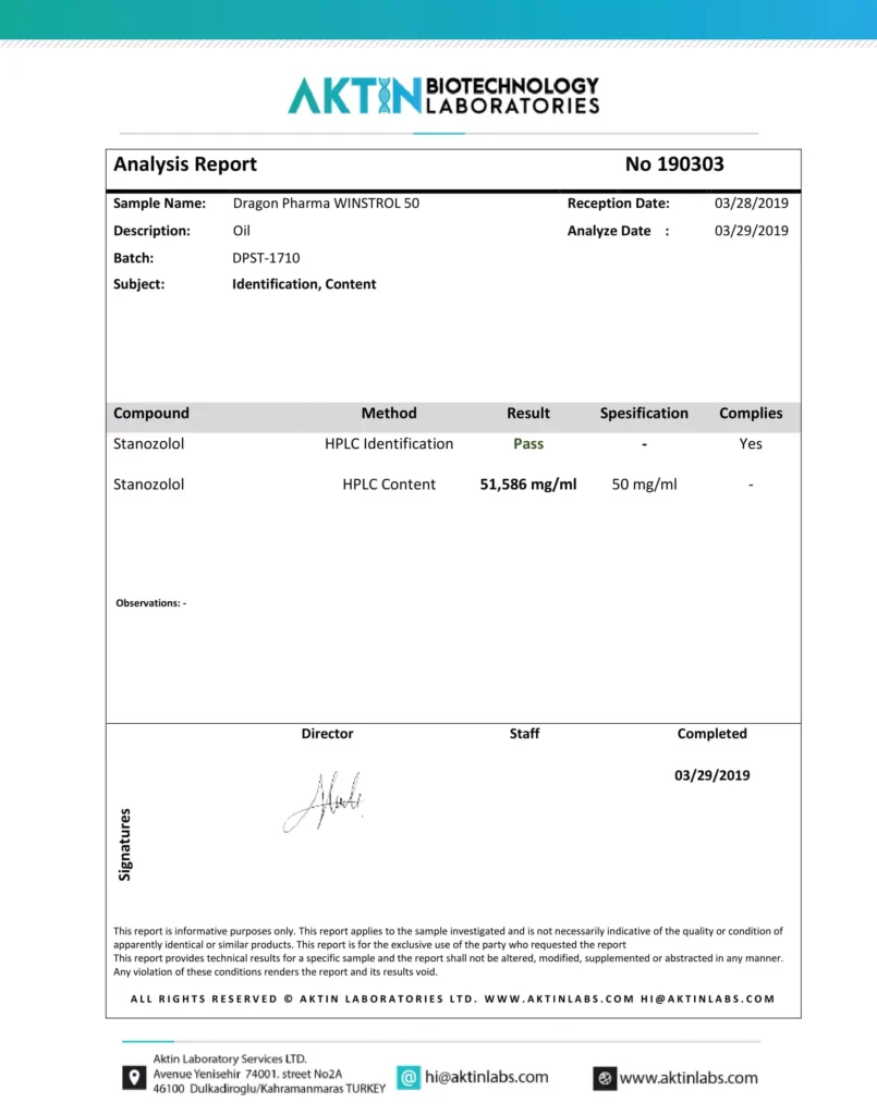 winstrol 50mg lab test report