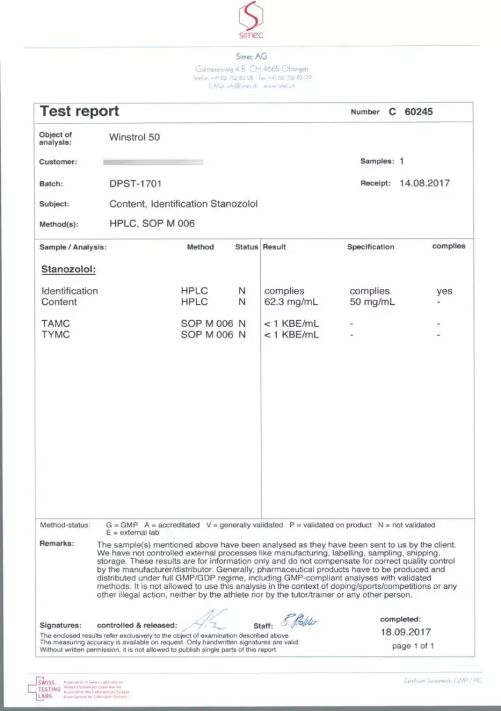 winstrol inj lab test report